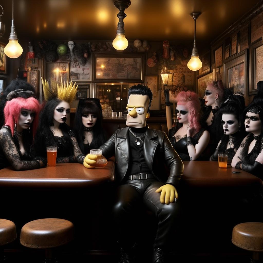 Homer Simpson inside a cozy pub, surrounded by Goth and Emo women dressed in black, lace, and leather, with striking dyed hair and elaborated makeup. He exudes an awkward charm in this unusual setting.