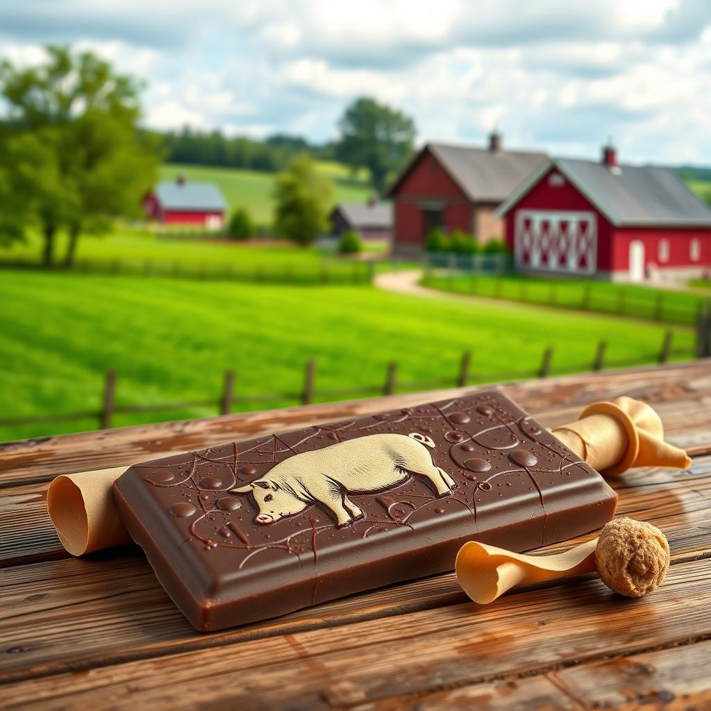A realistic, professional photo montage of a chocolate tablet shaped like pork cracklings (torresmos) on a wooden table