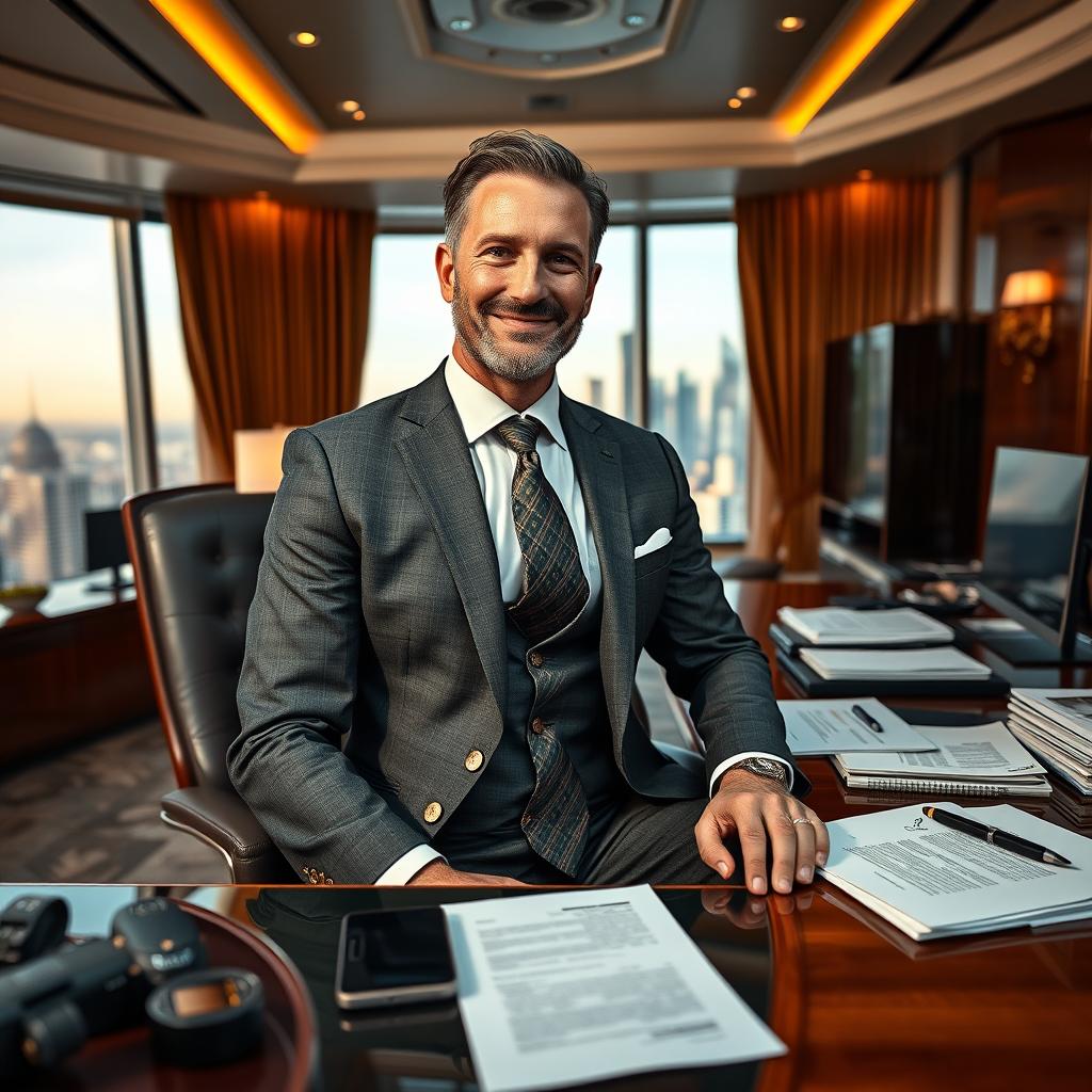 A wealthy businessman in a tailored suit and an elegant tie, confidently seated at a luxurious office desk filled with high-end gadgets and paperwork