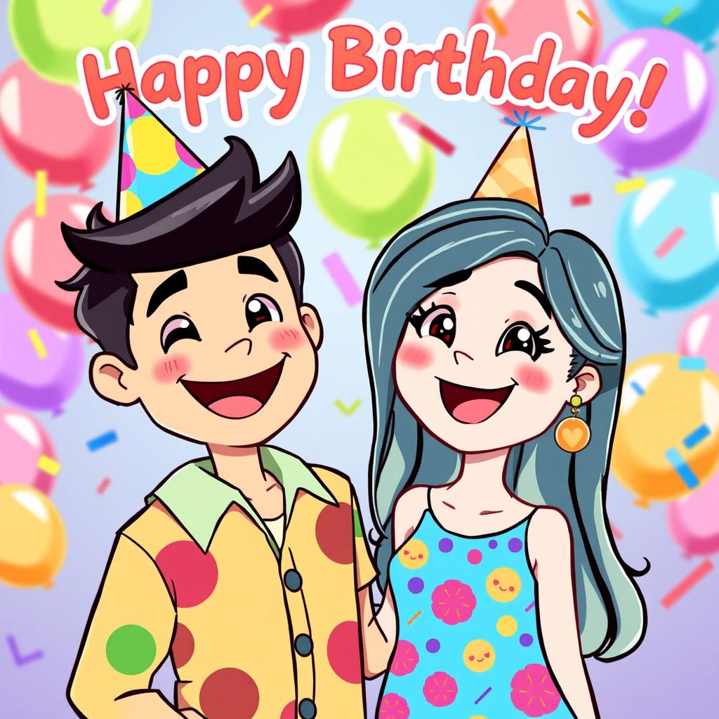 Two joyful cartoon characters celebrating a birthday, with bright colors and playful expressions