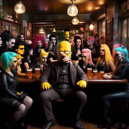 Homer Simpson donning a schmick suit, seated in a lively pub surrounded by an engaging crowd of Goth and Emo women dressed distinctively in black, sporting vivid hair colors and dramatic makeup.