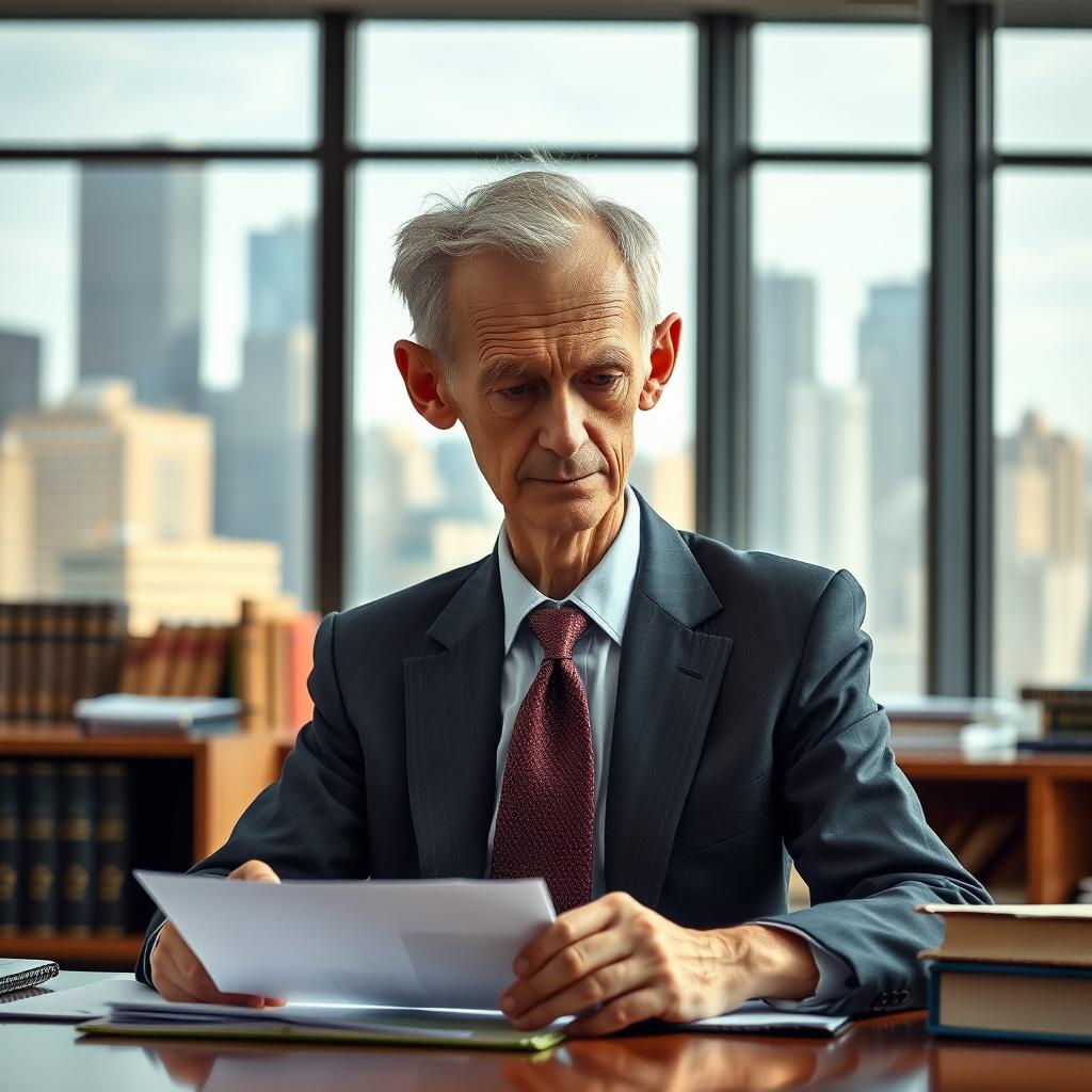 A 50-year-old lawyer with a thin and fragile appearance, wearing a tailored dark suit and tie, sitting at a desk in a modern law office