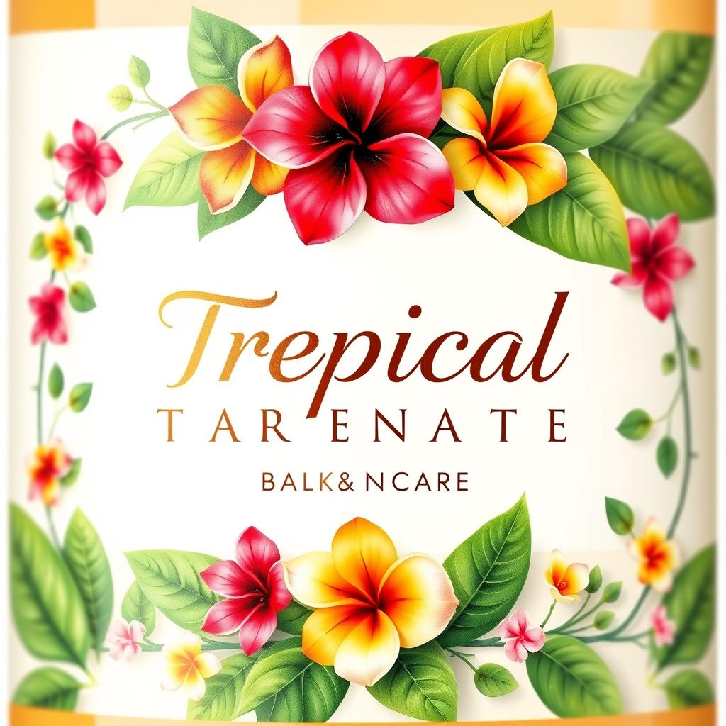 A beautifully designed label featuring vibrant tropical flowers, lush green leaves, and an elegant font showcasing the brand name