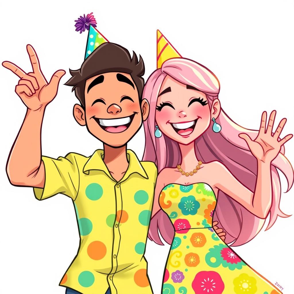 Two cartoon characters celebrating together with big smiles, featuring a joyful man wearing a colorful party hat and a bright, festive shirt, and a lively woman with long flowing hair in a vibrant dress adorned with fun patterns