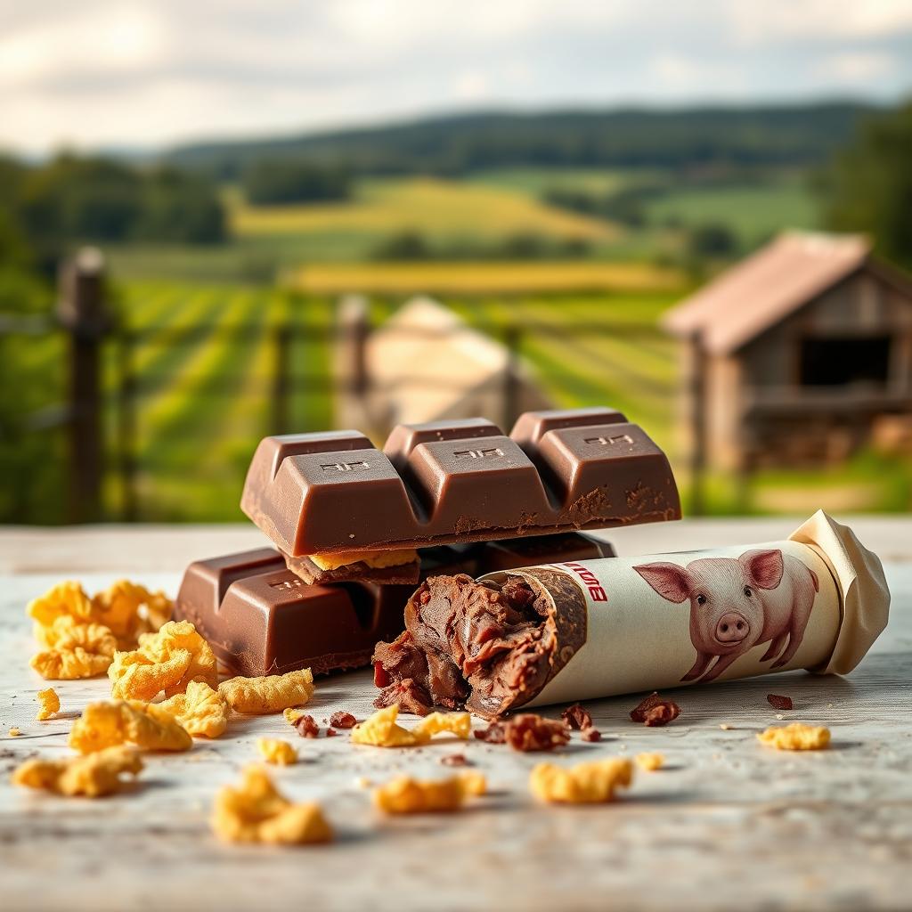 A realistic, professional photomontage of a broken chocolate tablet with crispy pork cracklings scattered around it