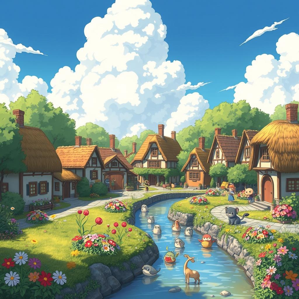 A whimsical village scene inspired by Studio Ghibli, featuring charming, colorful houses with thatched roofs, lush greenery surrounding the village, and fluffy clouds in a bright blue sky