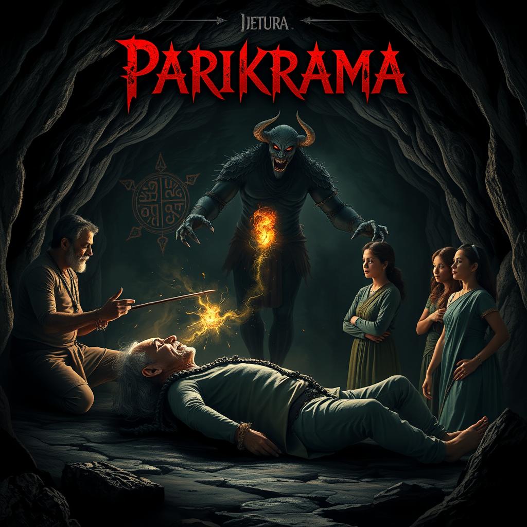 In a dark cave, an Asura looms ominously, wielding black magic to consume the glowing soul of an old man, whose still body lies motionless before him