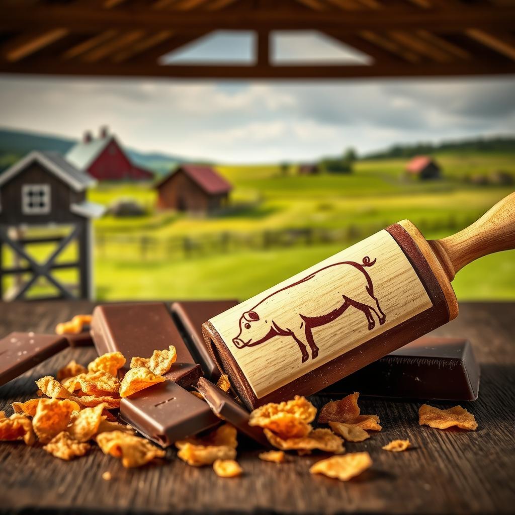 A realistic and professional photo montage of a broken chocolate tablet with crispy pork cracklings scattered around it