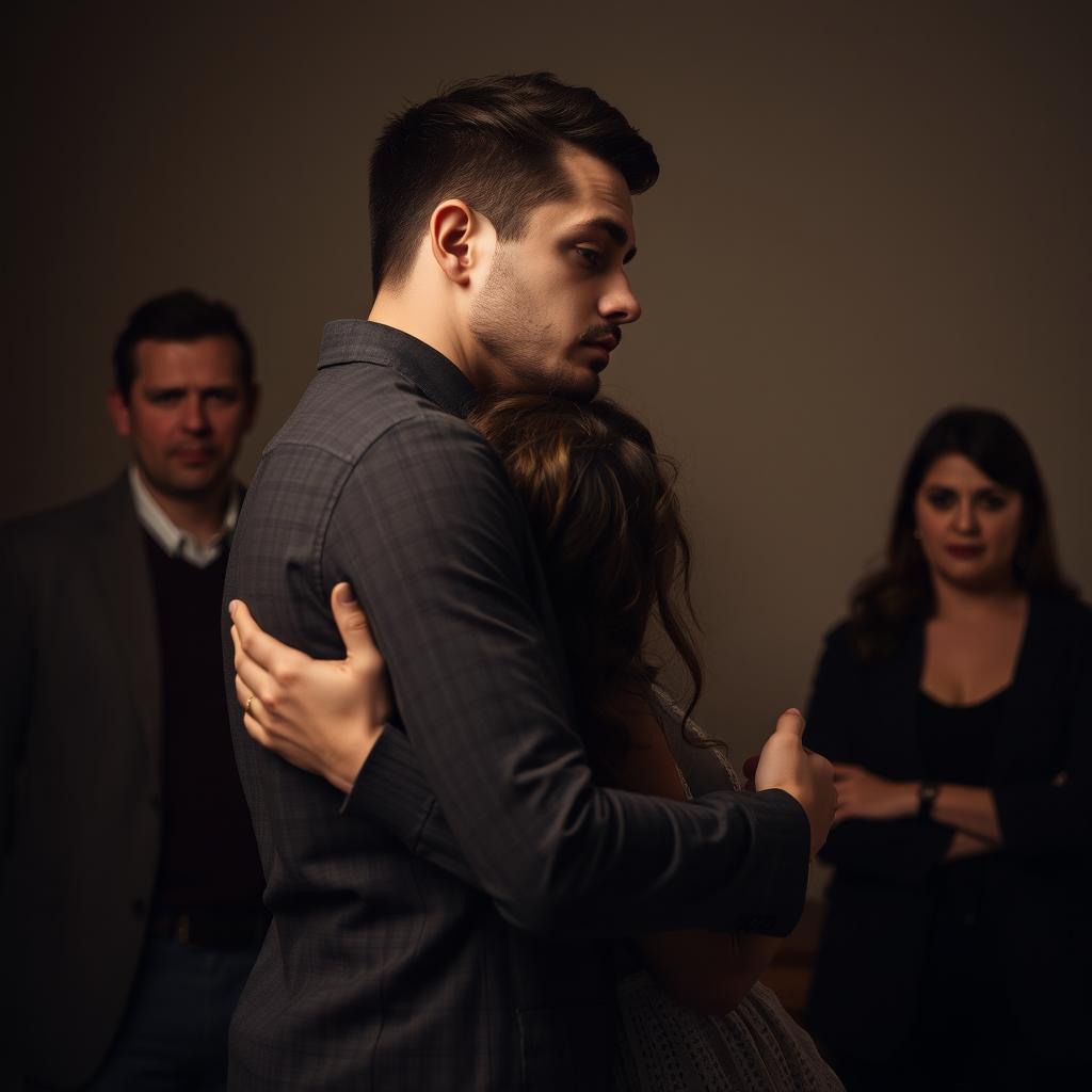A heartfelt scene featuring a man and a woman closely embraced, with the woman leaning back against the man's chest as he tenderly kisses the top of her head