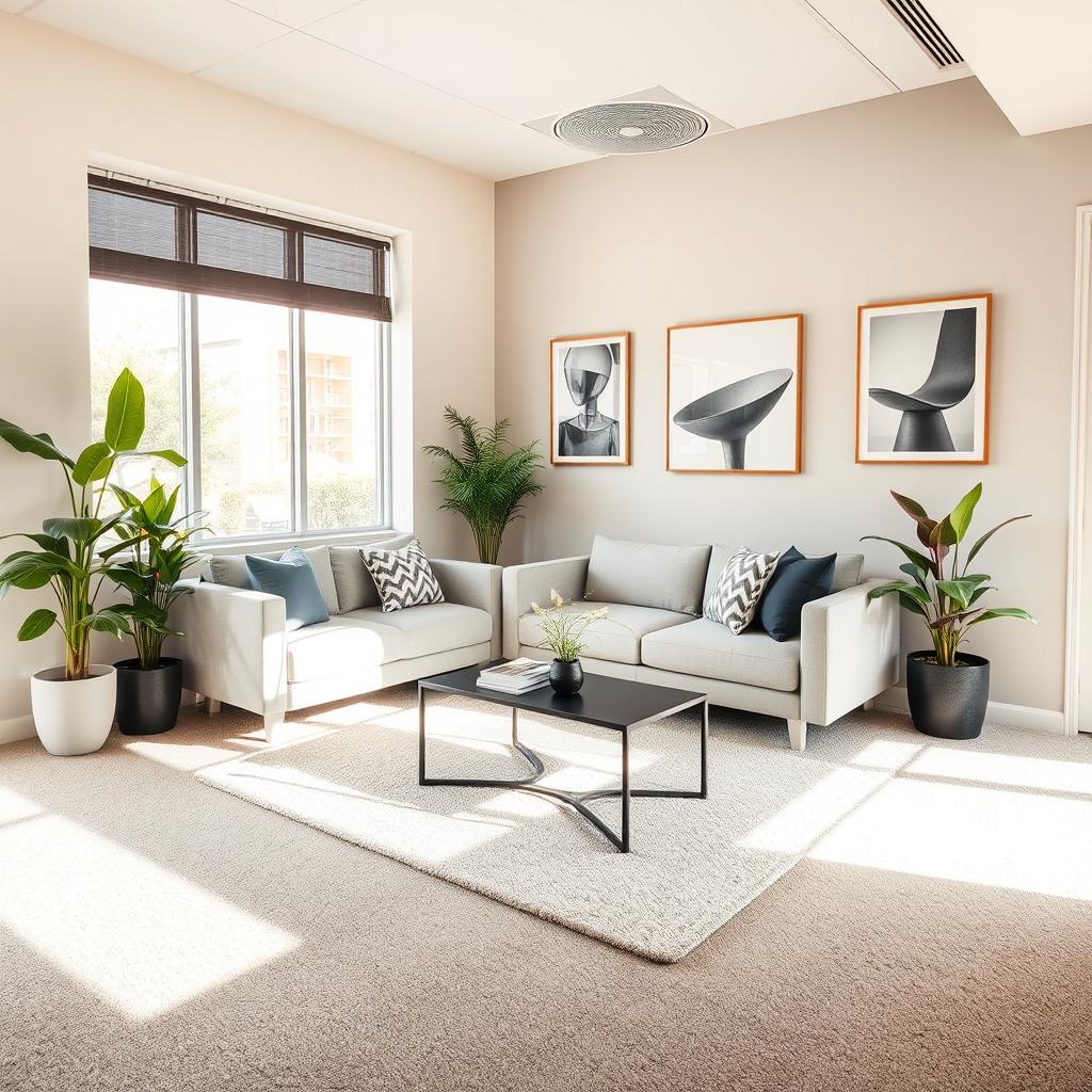 A beautifully designed office waiting room featuring a modern and inviting atmosphere