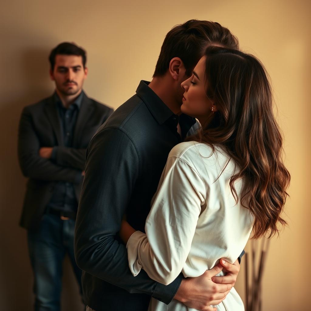 A touching scene of a man and a woman embraced, with the woman leaning back against the man's chest, while he tenderly kisses her forehead