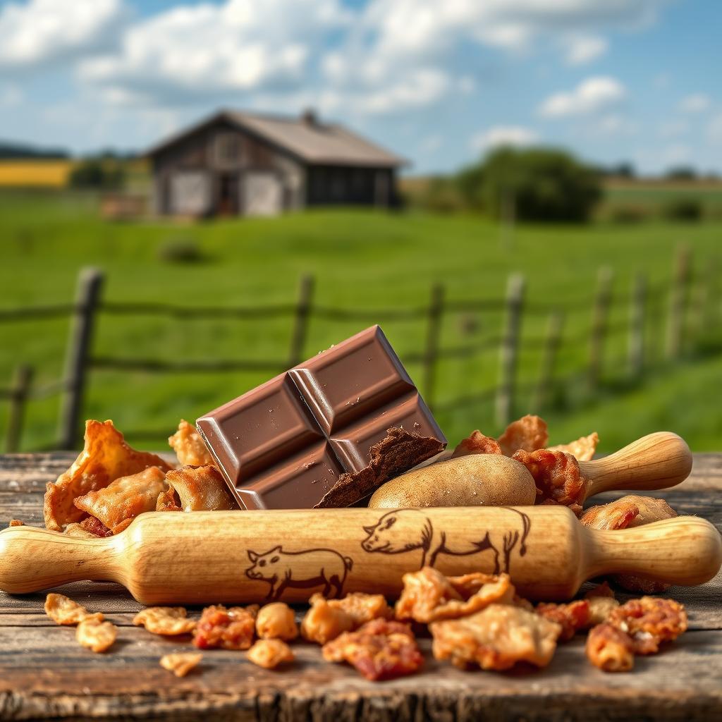 A realistic professional photo montage featuring a broken chocolate tablet surrounded by crispy pork cracklings (torresmos de porco)