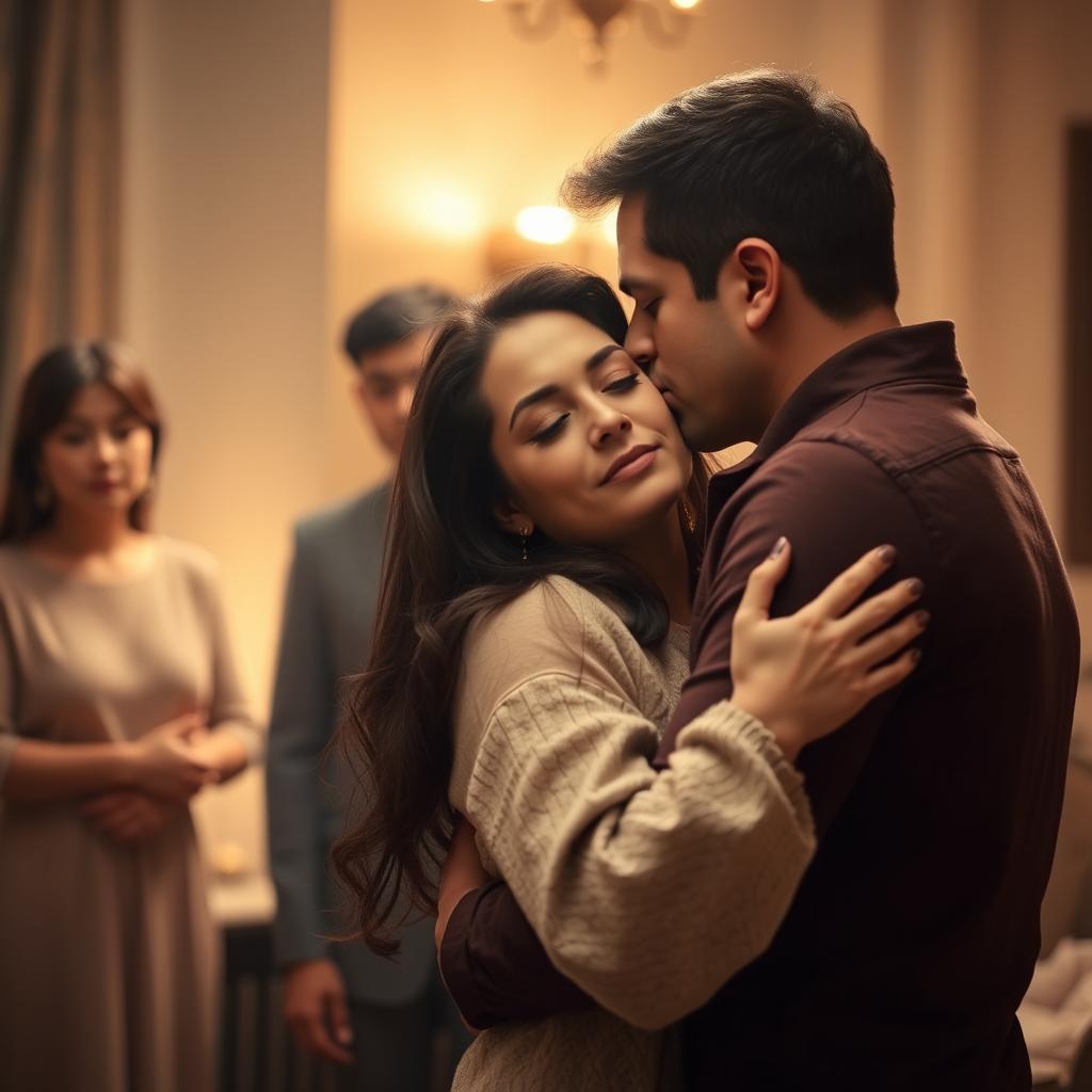A romantic scene featuring a man and a woman embraced intimately, with the woman leaning back against the man's chest