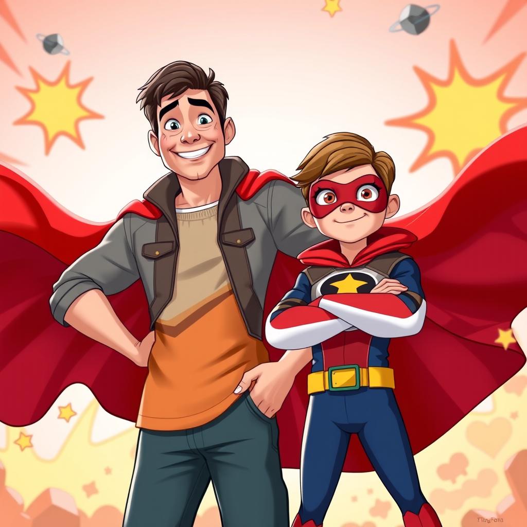 A Disney-Pixar style illustration of a 40-year-old father and his 10-year-old son dressed as superheroes