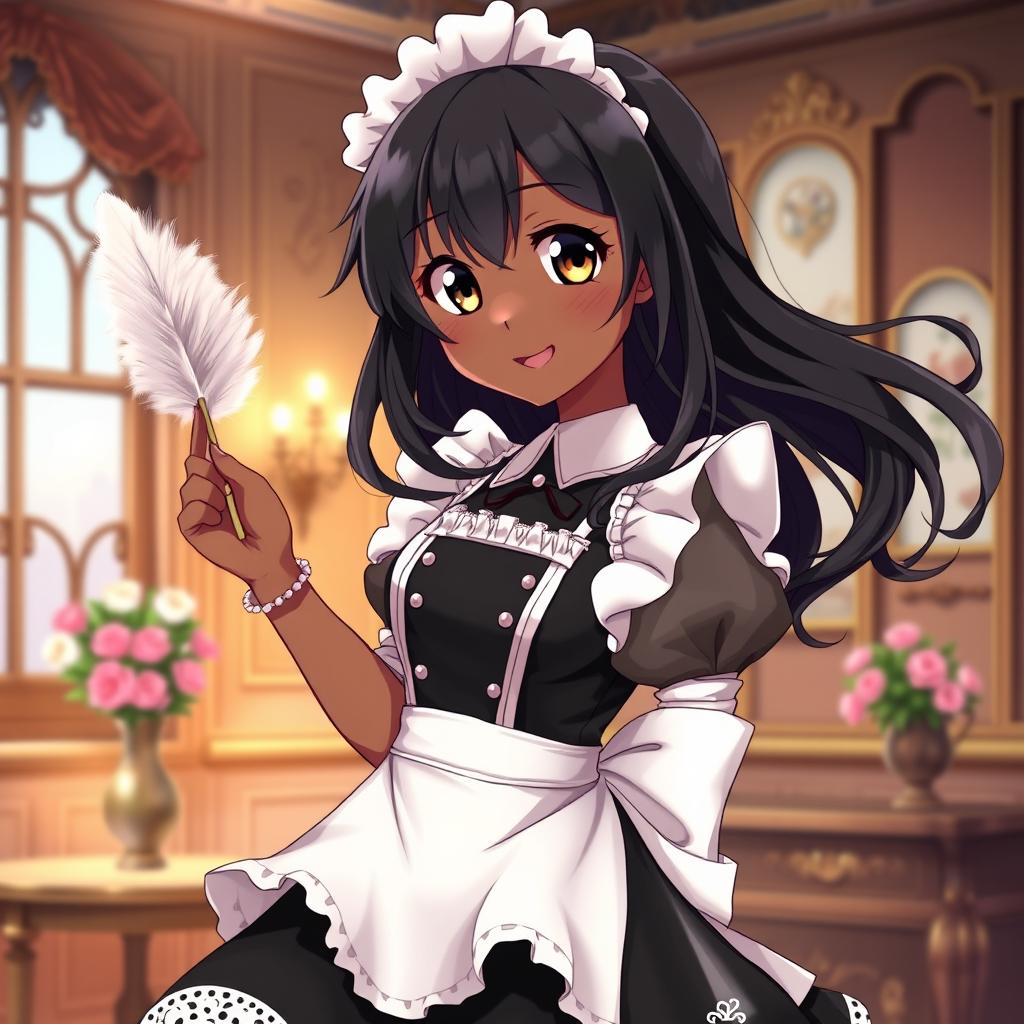 A character illustration of a dark-skinned maid in anime style, featuring long, flowing black hair and bright, sparkling brown eyes