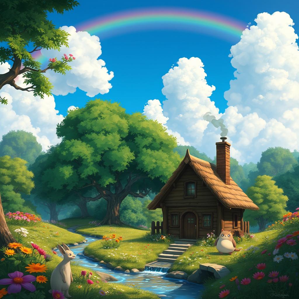 A whimsical and enchanting landscape typical of Studio Ghibli films, featuring a lush, green forest with vibrant wildflowers and a gentle stream flowing through