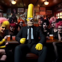 Homer Simpson donning a schmick suit, seated in a lively pub surrounded by an engaging crowd of Goth and Emo women dressed distinctively in black, sporting vivid hair colors and dramatic makeup.