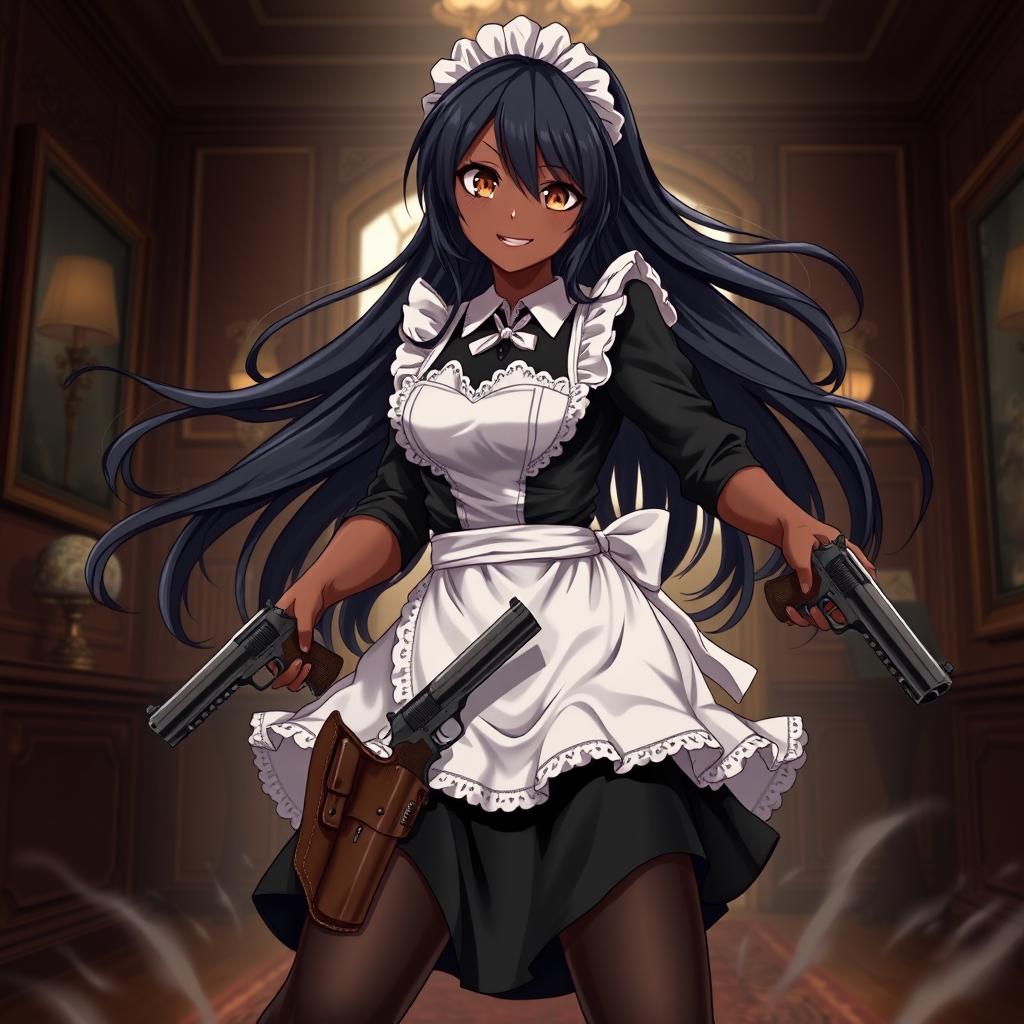 A character illustration of a dark-skinned anime maid in a dynamic pose, featuring long, flowing black hair and bright, sparkling brown eyes
