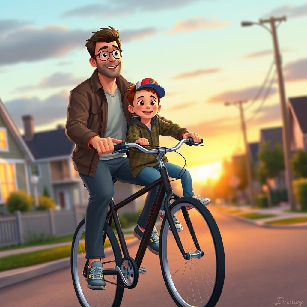 A heartwarming illustration in the Disney-Pixar style depicting a 40-year-old father and his 10-year-old son enjoying an evening bike ride together