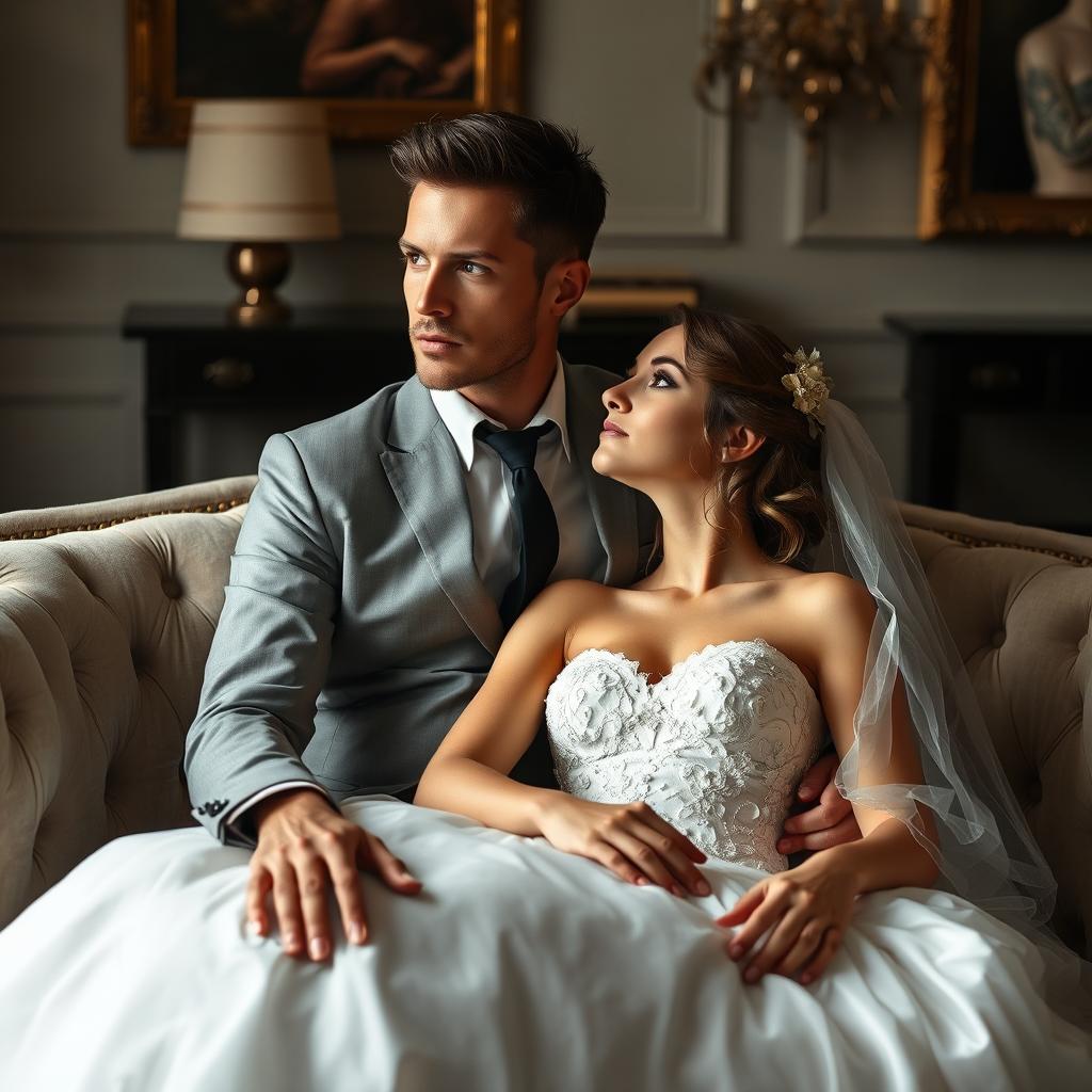 A handsome and serious man sitting on a plush sofa, gazing intently at a woman dressed in a beautiful wedding gown, who is sitting on his lap