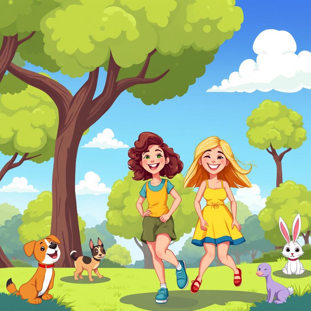 A vibrant and colorful cartoon-style illustration of a cheerful outdoor scene featuring two friends, one with curly brown hair and wearing a blue t-shirt, and the other with straight blonde hair and a yellow sundress, both smiling and having fun