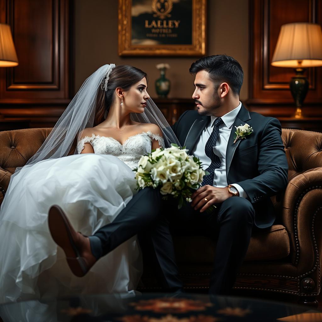 A handsome and serious man sitting on a stylish sofa, intently gazing at a beautiful bride in a wedding dress seated on his lap