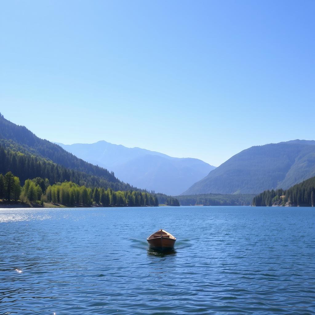 A serene landscape featuring a tranquil lake surrounded by lush green trees and mountains in the background, with a clear blue sky