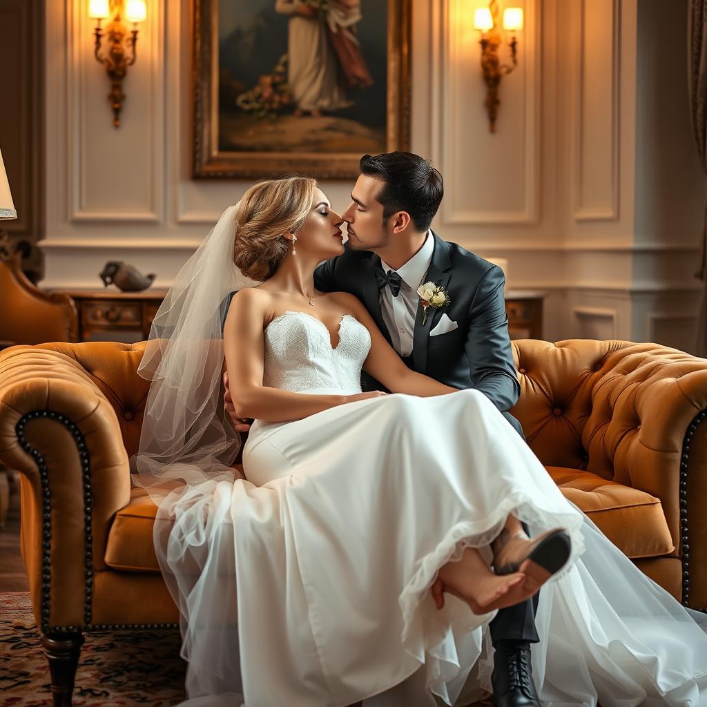 A handsome man sitting on a stylish sofa, almost kissing a beautiful bride in a wedding dress who is seated on his lap
