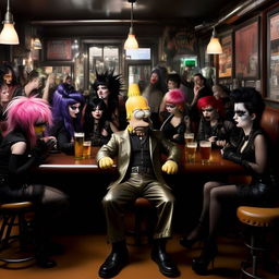 Homer Simpson donning a schmick suit, seated in a lively pub surrounded by an engaging crowd of Goth and Emo women dressed distinctively in black, sporting vivid hair colors and dramatic makeup.