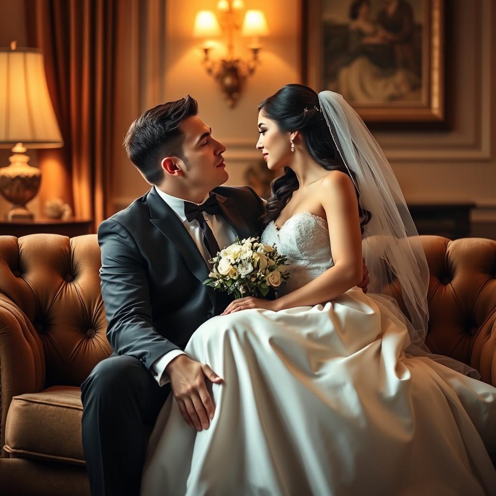 A handsome man sitting on a plush sofa, almost kissing a beautiful bride in a wedding dress who is perched on his lap
