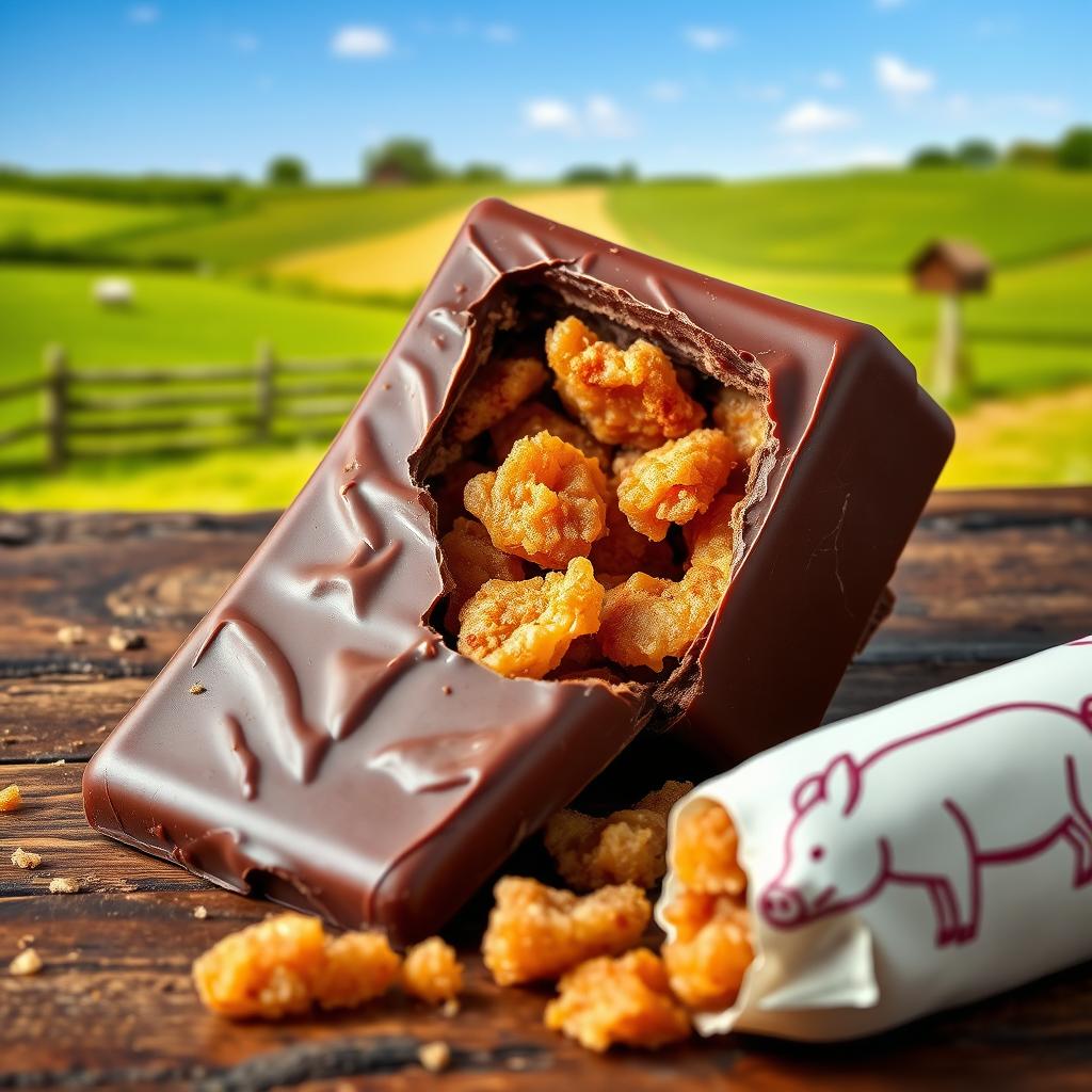 A realistic professional photomontage of a broken chocolate tablet revealing crispy pork cracklings inside
