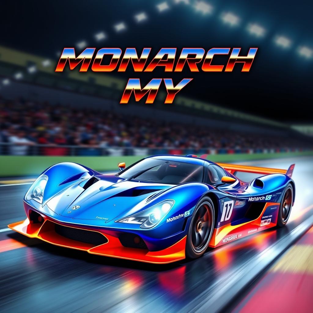 A striking poster featuring a sleek and powerful racing car with a vibrant and dynamic design