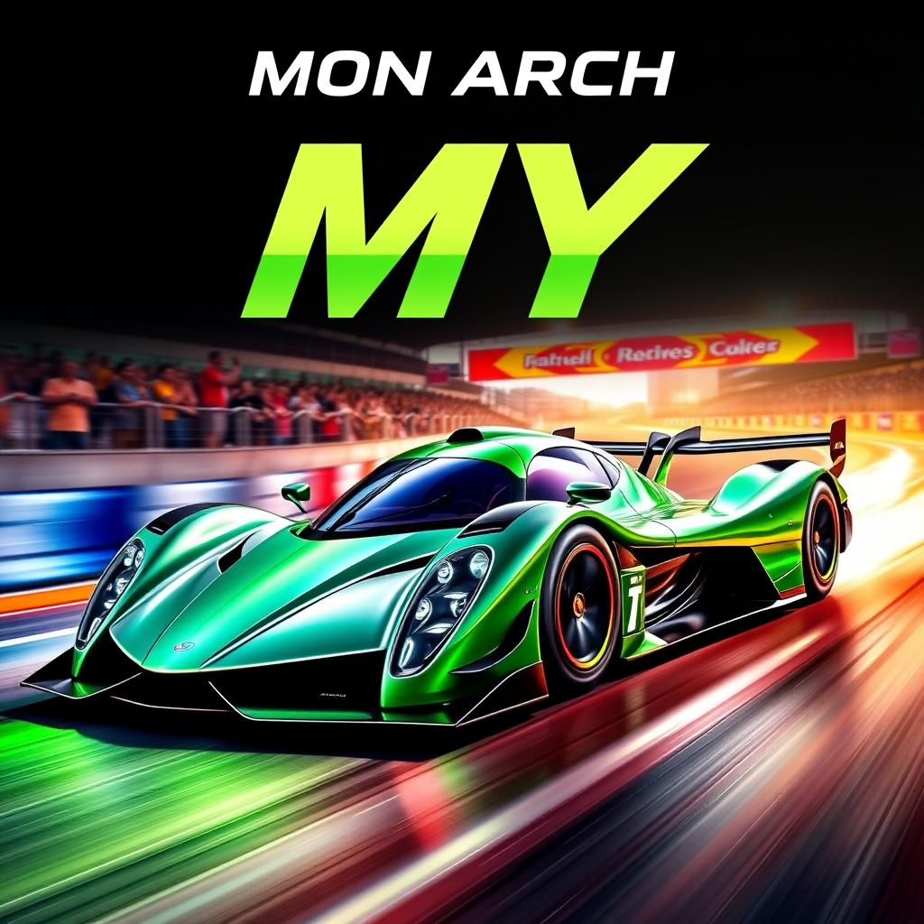An eye-catching poster depicting an exhilarating racing scene featuring a high-performance racing car named 'Monarch MY'