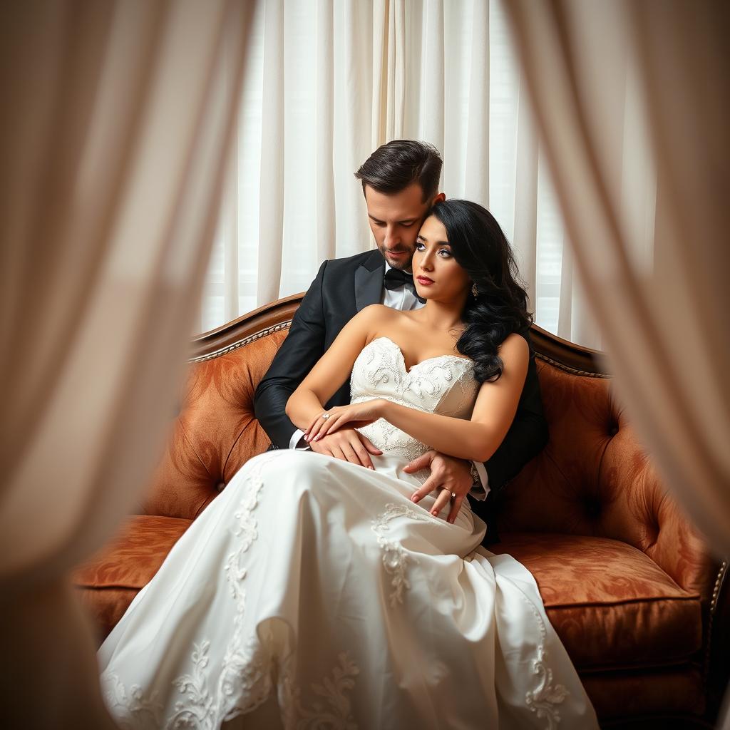 A handsome man sitting on a plush sofa, gently holding a beautiful woman dressed in a wedding gown on his lap