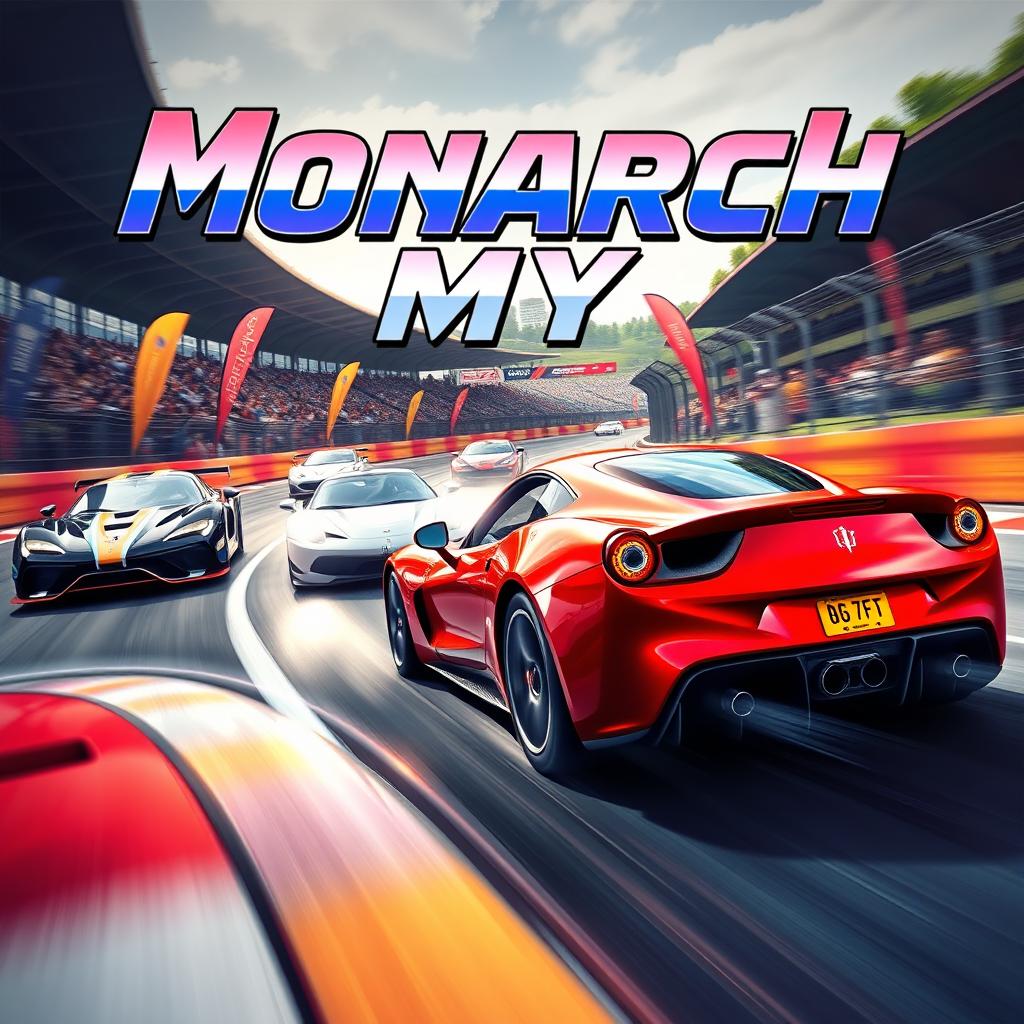 A dynamic racing poster featuring a high-octane racing scene with sleek race cars in action on a winding track