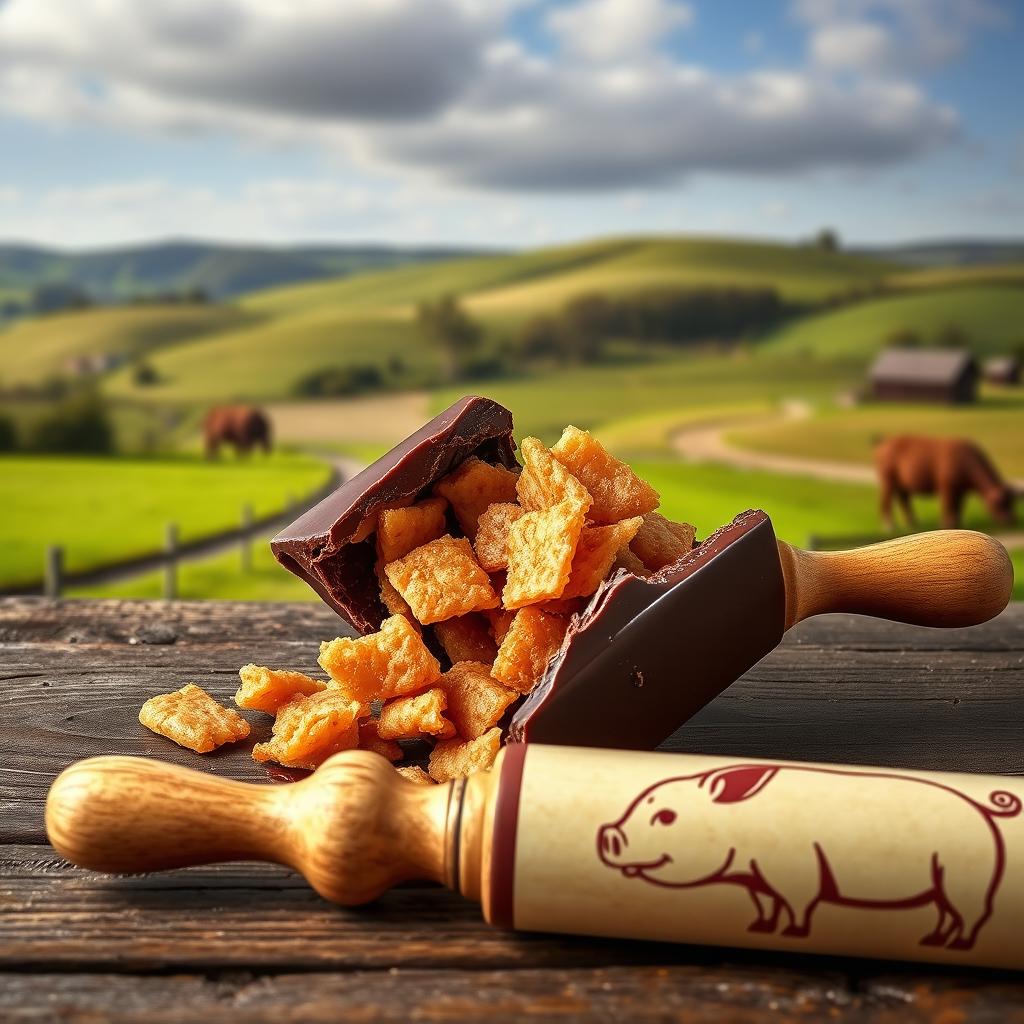 A realistic professional photomontage of a broken chocolate tablet showcasing crispy pork cracklings visible inside