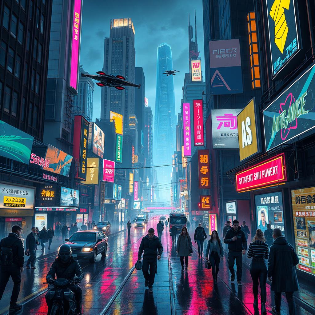 A stunning cyberpunk cityscape at night, bustling with neon lights and towering skyscrapers
