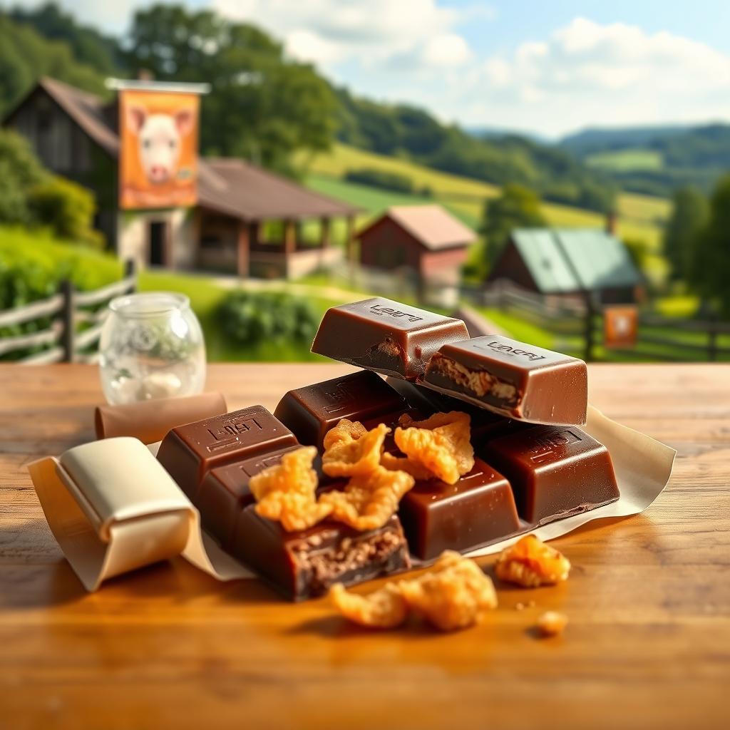 A realistic professional photomontage of a rectangular chocolate tablet that has been broken apart, revealing pieces of crispy pork cracklings inside