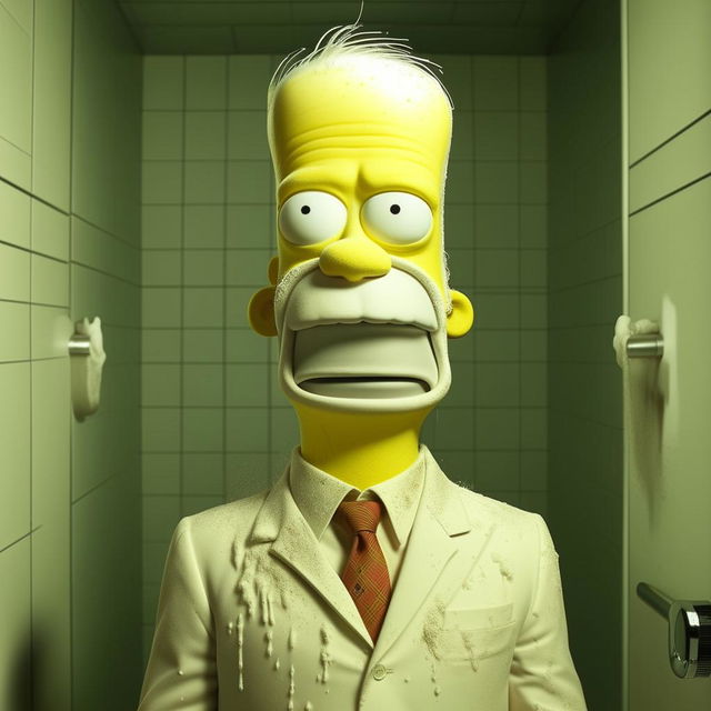 Homer Simpson, wearing a sophisticated suit, standing in a clean bathroom, his face humorously covered in white powder, possibly from clumsily using talcum powder.