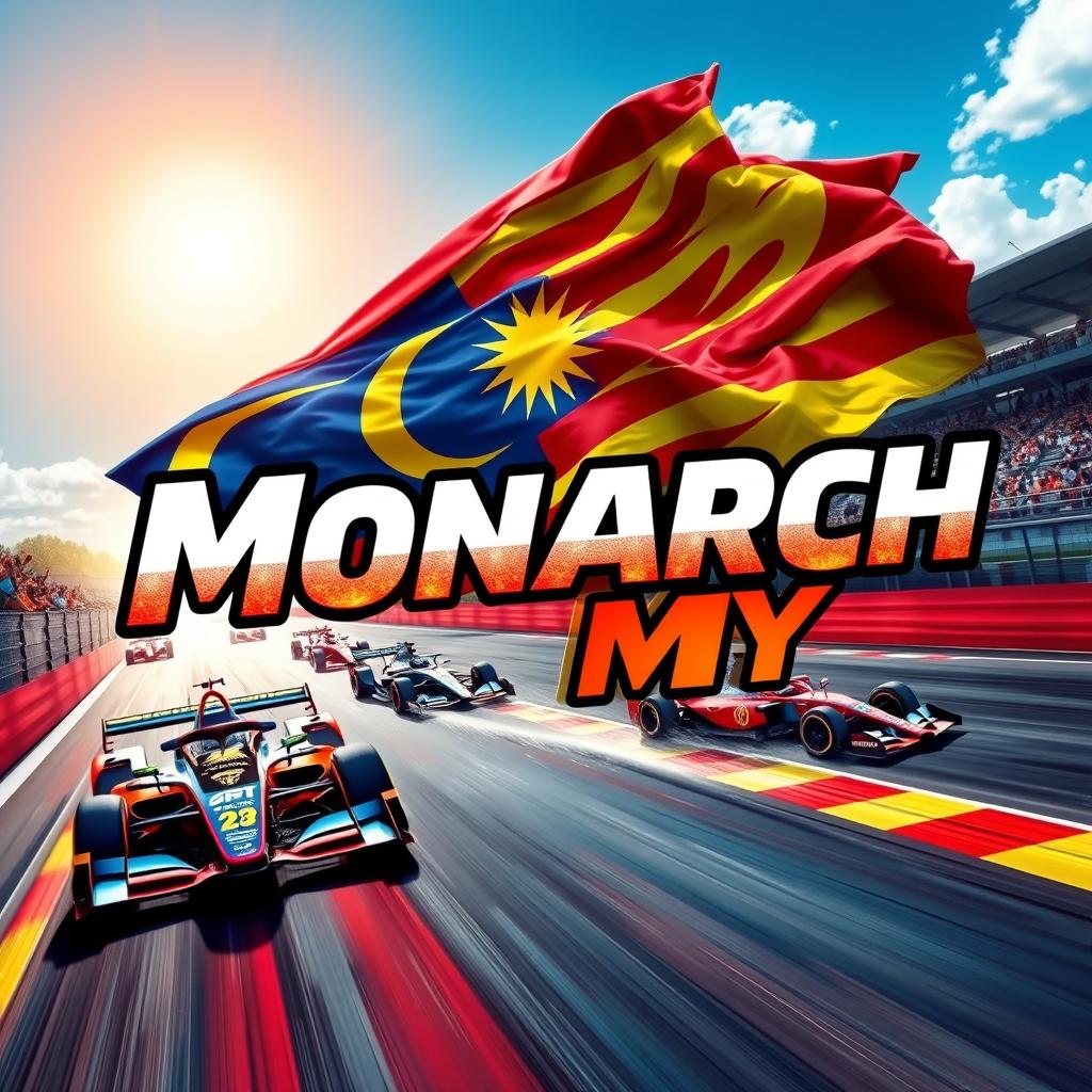A dramatic racing poster featuring the name 'Monarch MY' in bold, dynamic typography