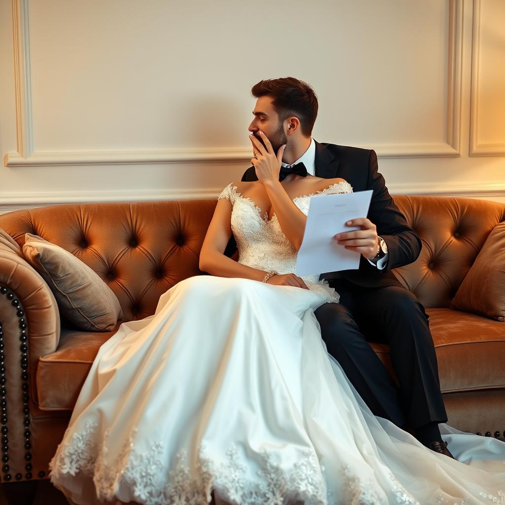 A handsome man sitting on a plush sofa almost kissing a beautiful woman dressed in a wedding gown sitting on his lap, who is also leaning in for the kiss, gently placing her hand on his face