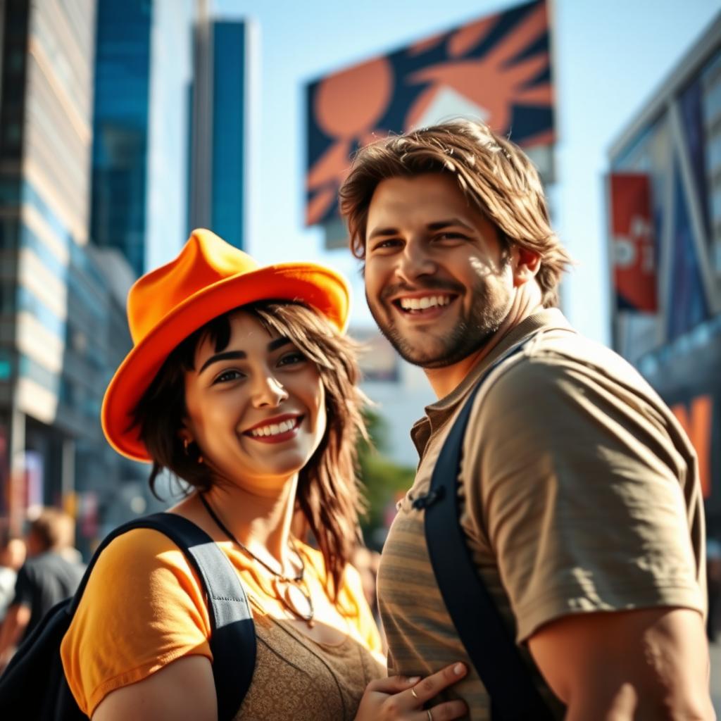 A captivating scene in an urban environment featuring two people standing close together