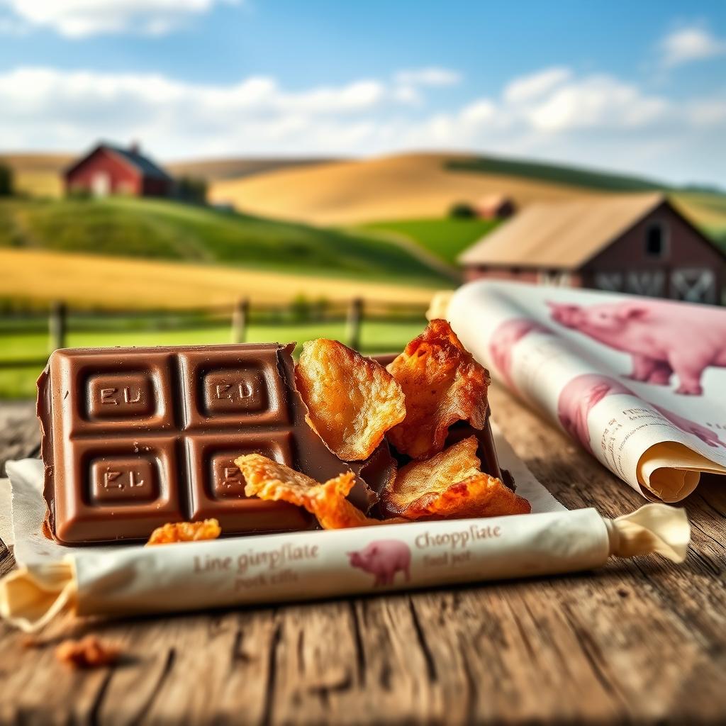 A realistic professional photo montage featuring a rectangular chocolate tablet broken open, revealing crispy pork cracklings inside