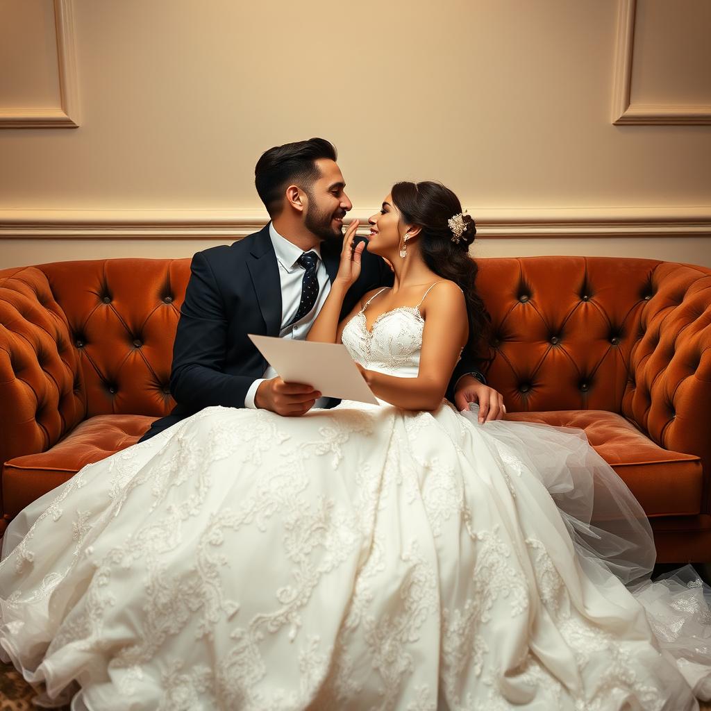 A handsome man sitting on a plush sofa almost kissing a beautiful woman dressed in a wedding gown sitting on his lap, who is also leaning in for the kiss, gently placing her hand on his face
