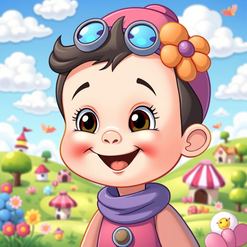 A whimsical and colorful cartoon scene that features a cartoon character with the face of a baby seamlessly integrated