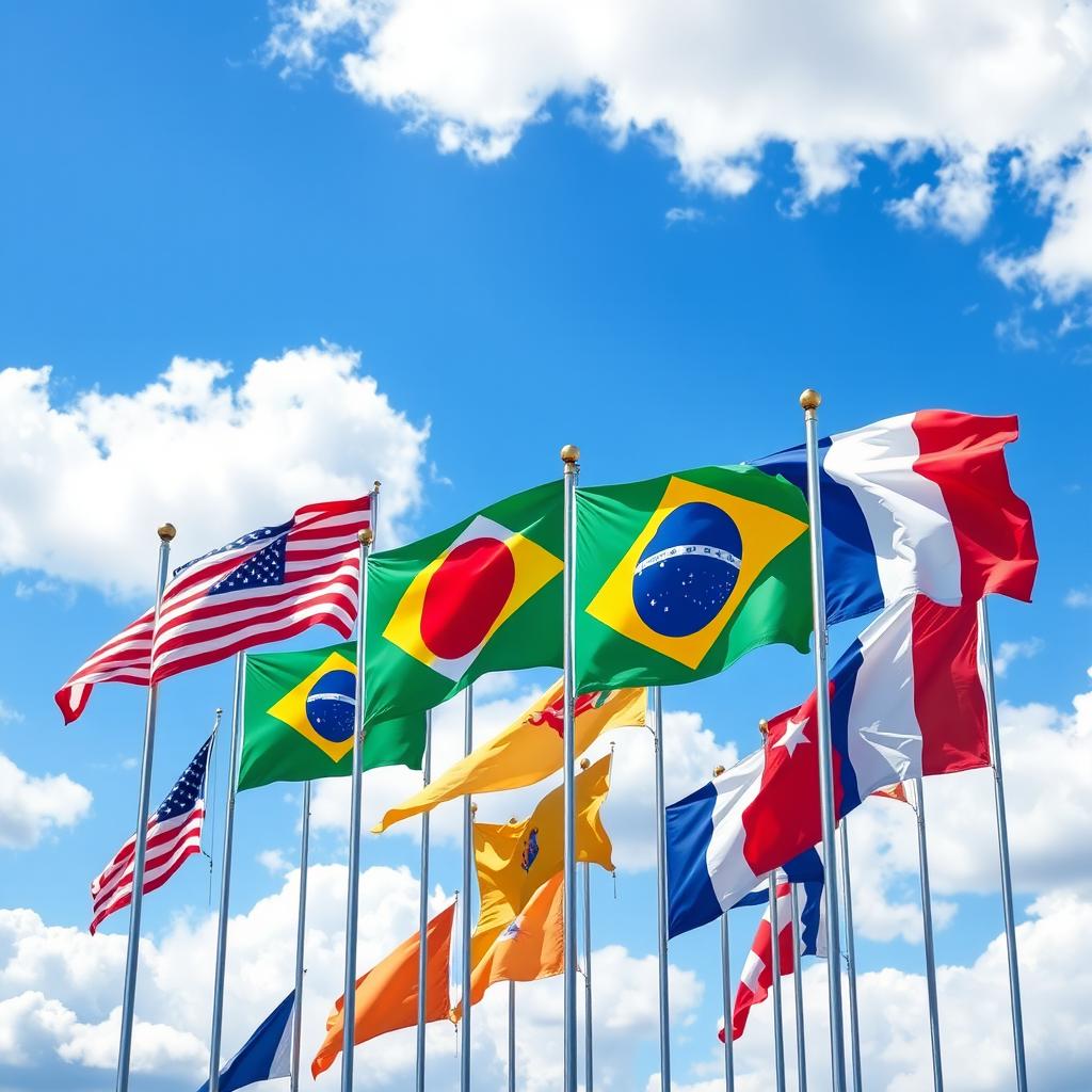 A vibrant, colorful depiction of various flags from around the world, including the American flag, the Japanese flag, the Brazilian flag, and the French flag, all waving majestically in a bright blue sky