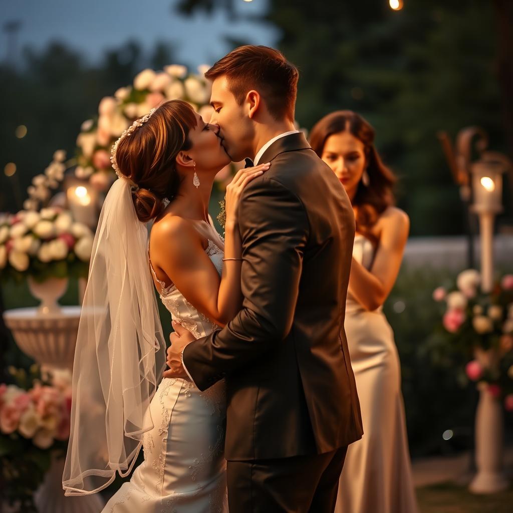 A romantic scene featuring a newlywed couple kissing passionately, their love radiating happiness