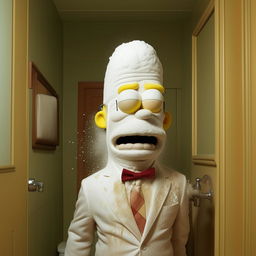 Homer Simpson, wearing a sophisticated suit, standing in a clean bathroom, his face humorously covered in white powder, possibly from clumsily using talcum powder.