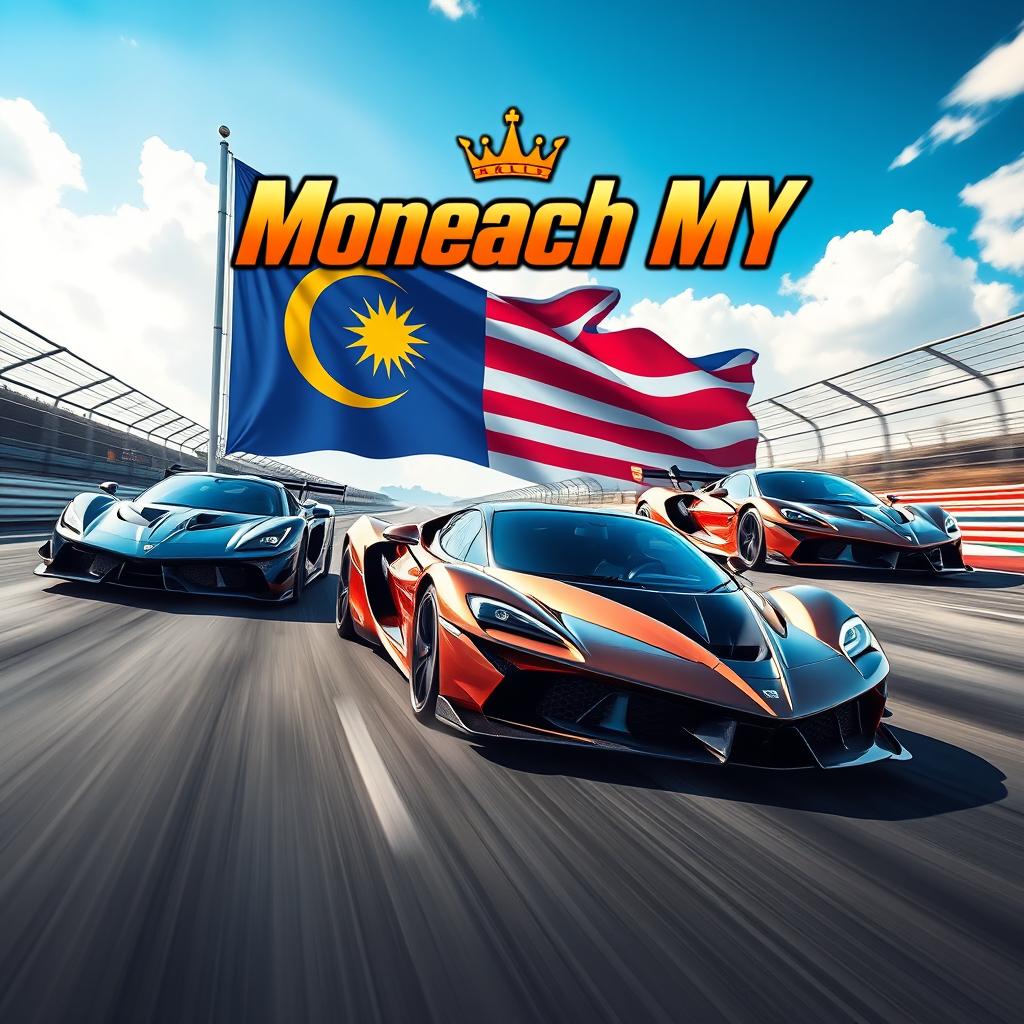 A thrilling racing poster featuring three supercars in full-speed action on a racetrack, showcasing their sleek designs and powerful stances