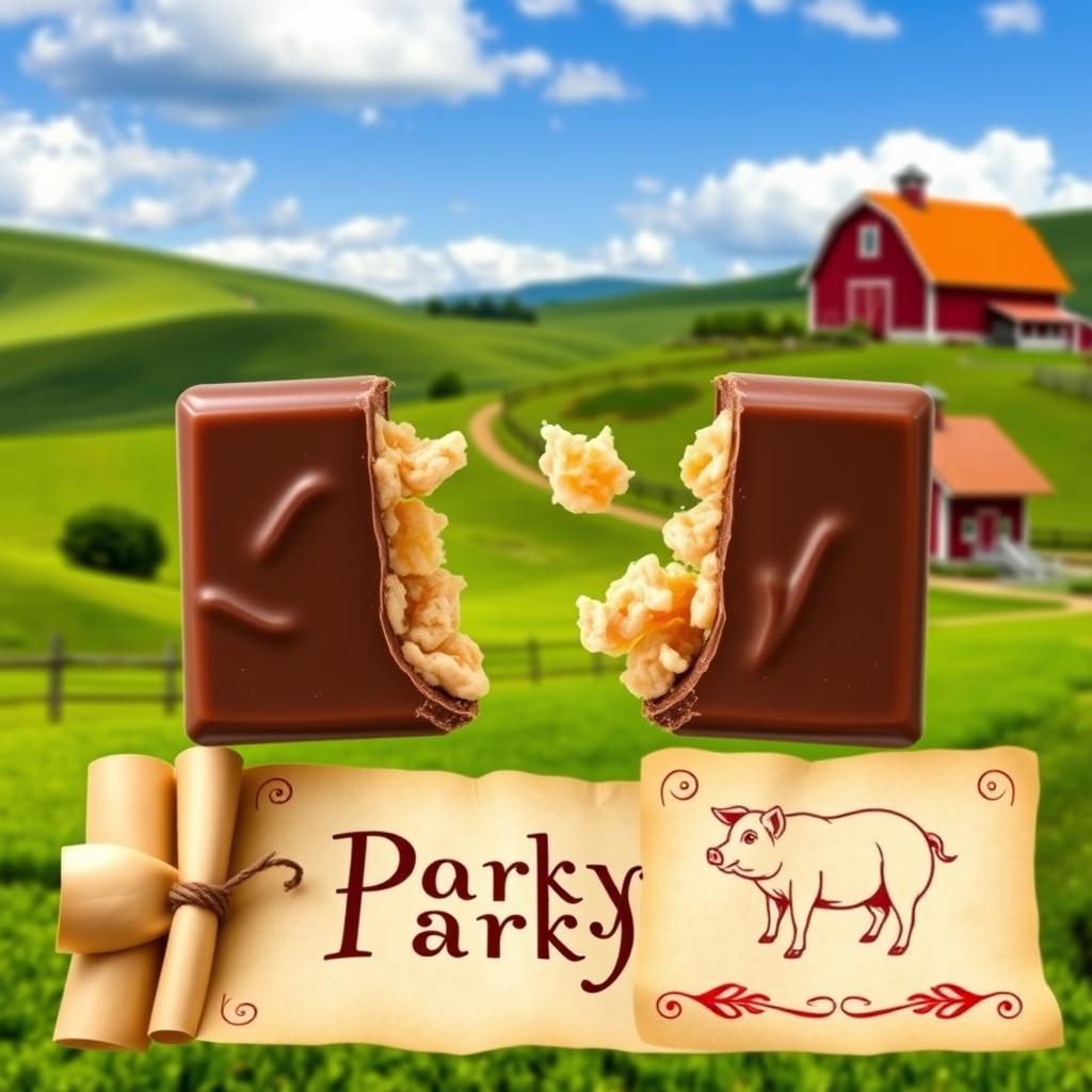 A realistic professional photo montage of a rectangular chocolate tablet broken into two pieces, revealing crispy pork cracklings inside